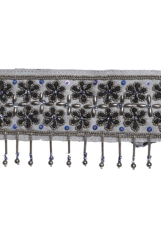 Floral Bead Work Saree Belt in Grey & Black