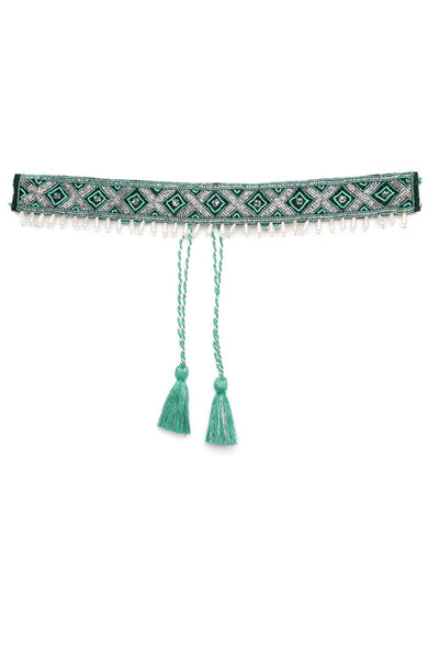 Buy Geometric Bead Work Waist Belt in Turquoise & Silver Online