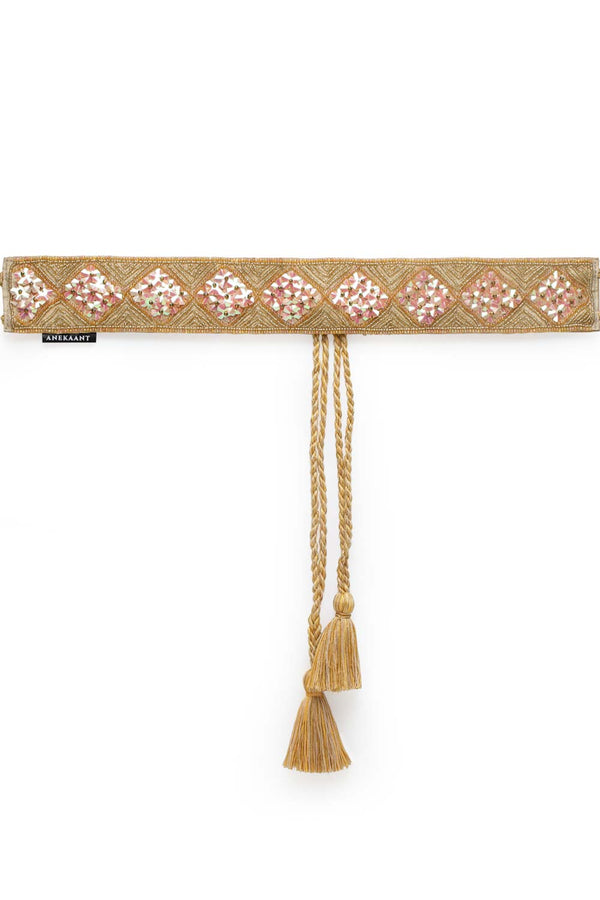 Geometric Floral Bead Work Saree Belt in Gold & Multi
