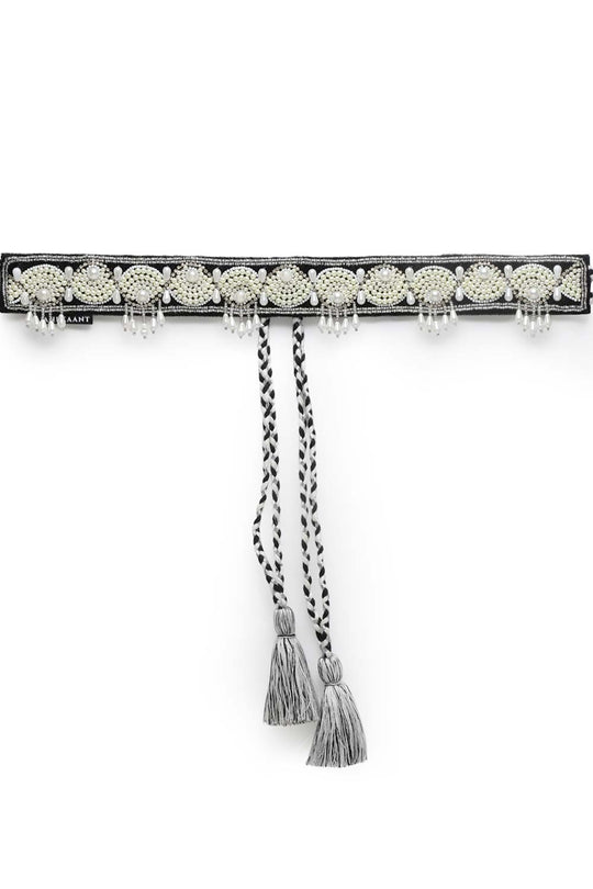 Ethnic Motifs Pearl Work Saree Belt in Black & White