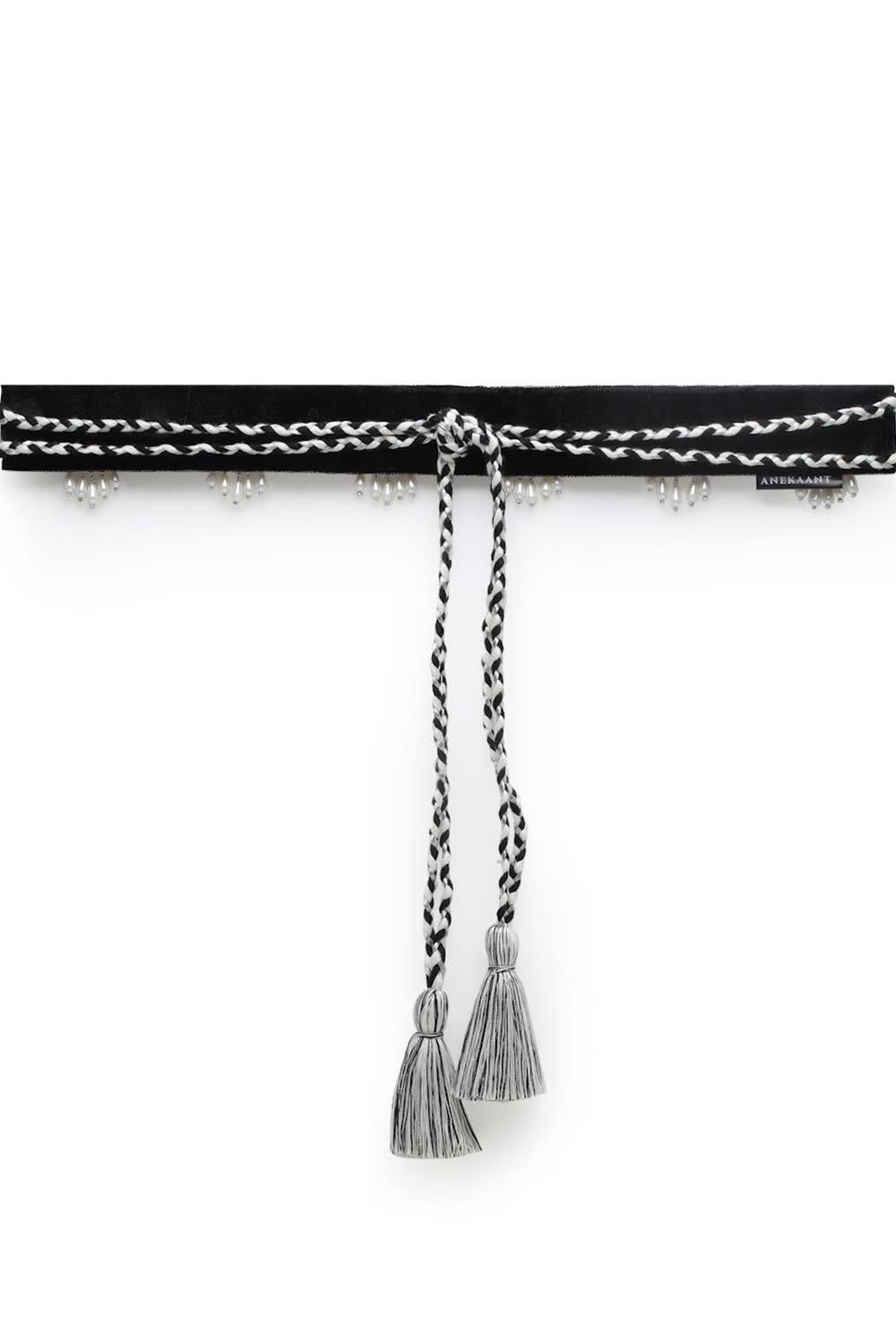 Ethnic Motifs Pearl Work Saree Belt in Black & White