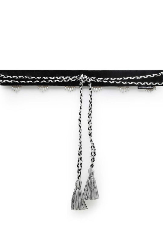 Ethnic Motifs Pearl Work Saree Belt in Black & White