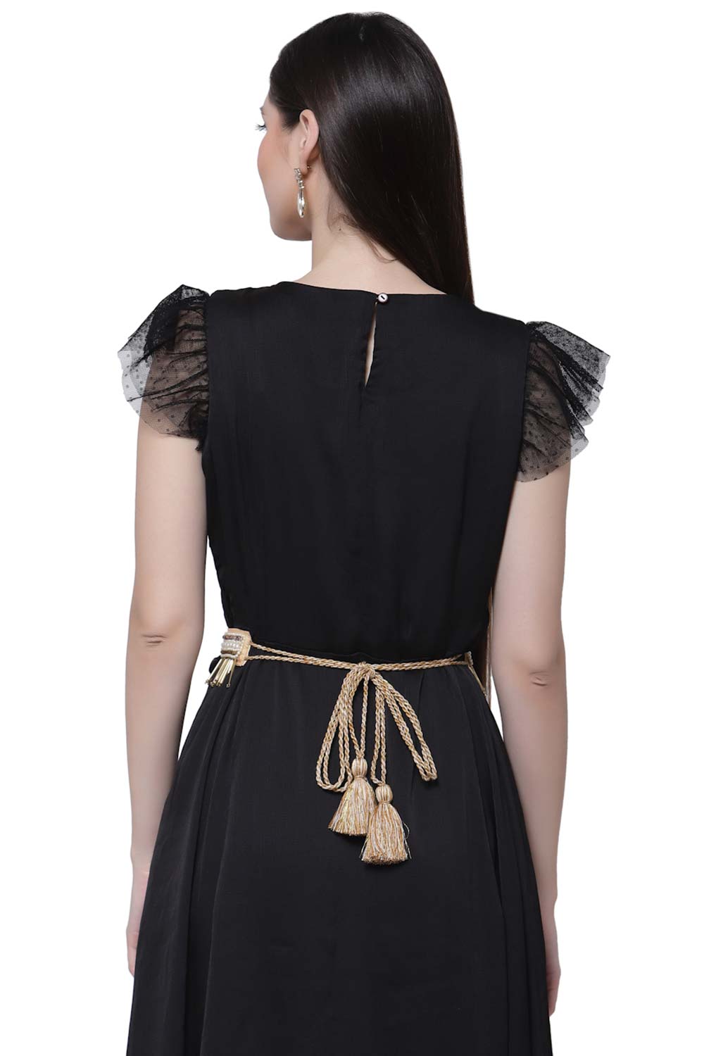 Striped Tasseled Embellished Saree Belt in White & Gold