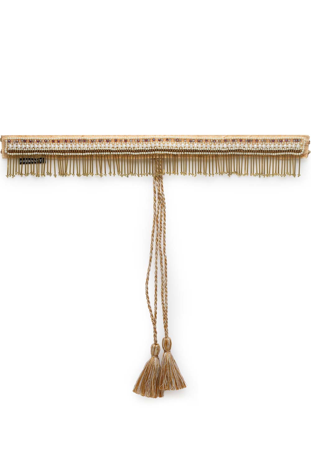 Striped Tasseled Embellished Saree Belt in White & Gold