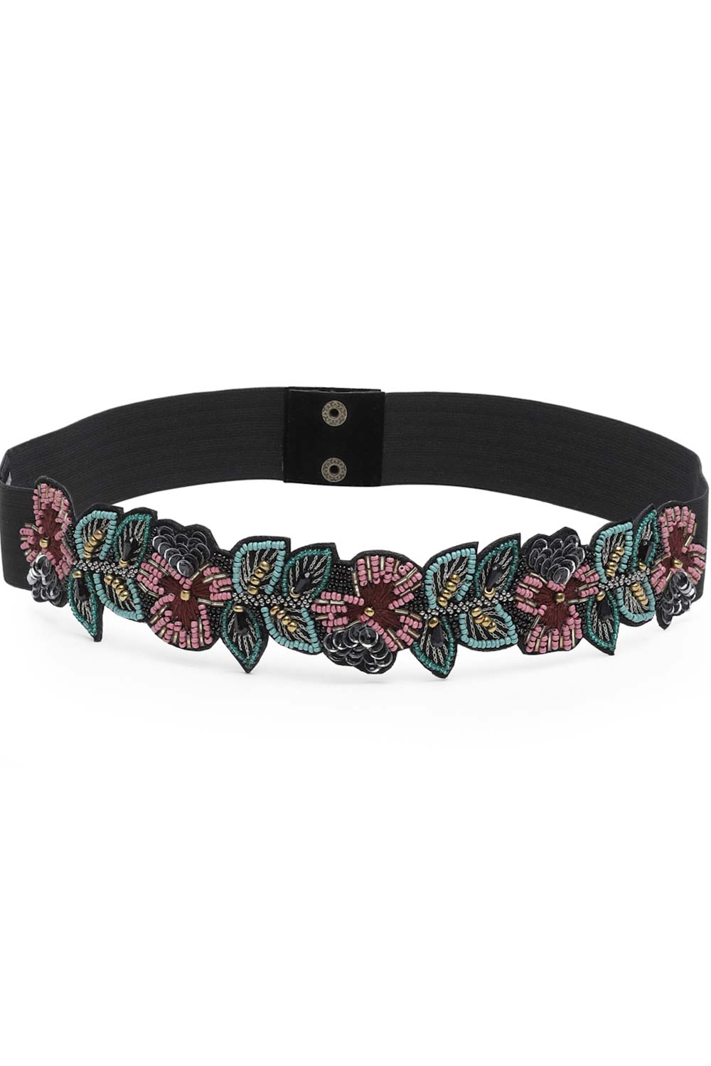 Botanical Bead Cut Work Saree Belt in Black & Multi