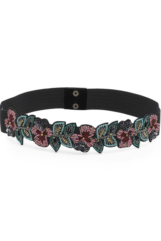 Botanical Bead Cut Work Saree Belt in Black & Multi