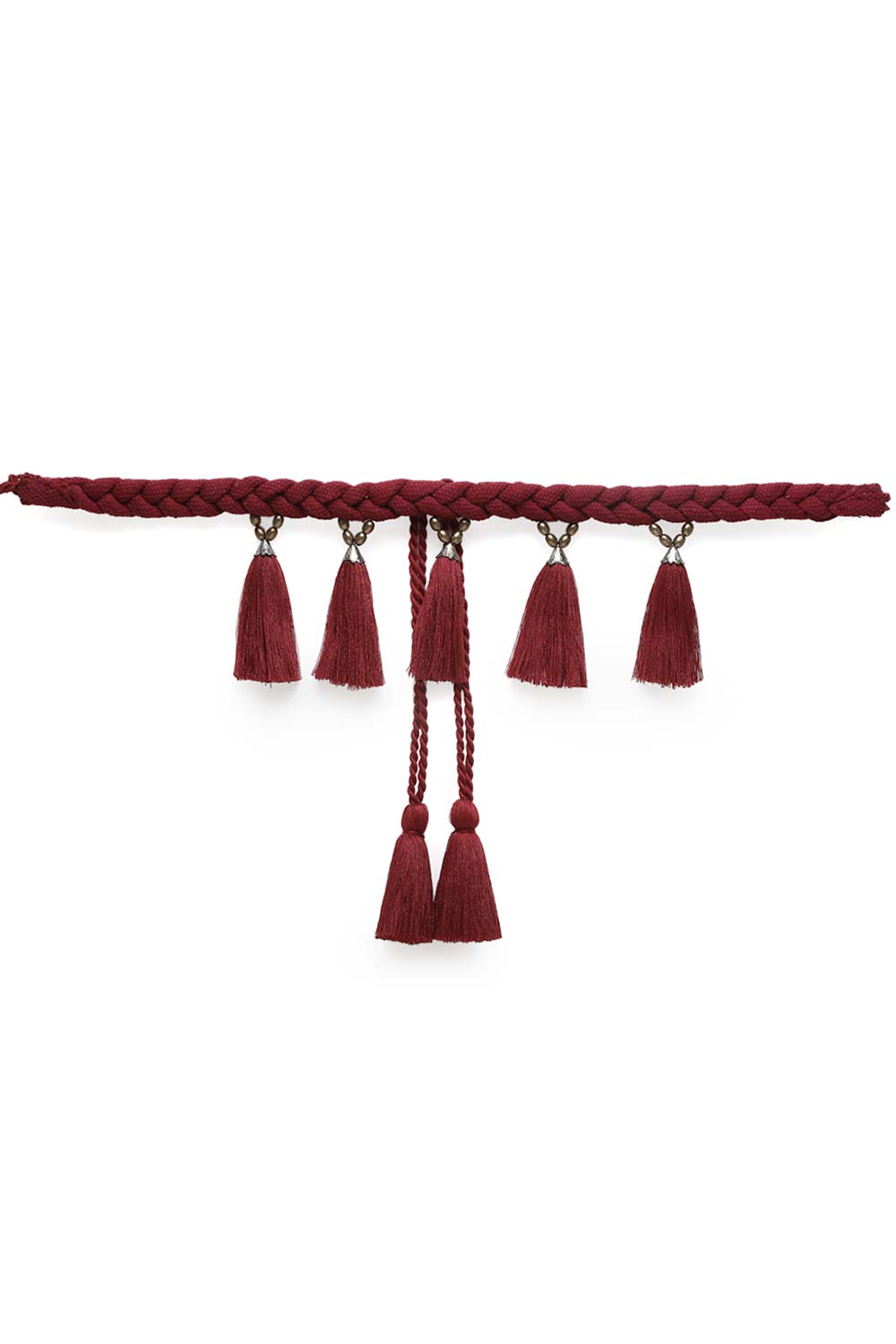 Tasseled & Braided Embellished Saree Belt in Maroon & Copper