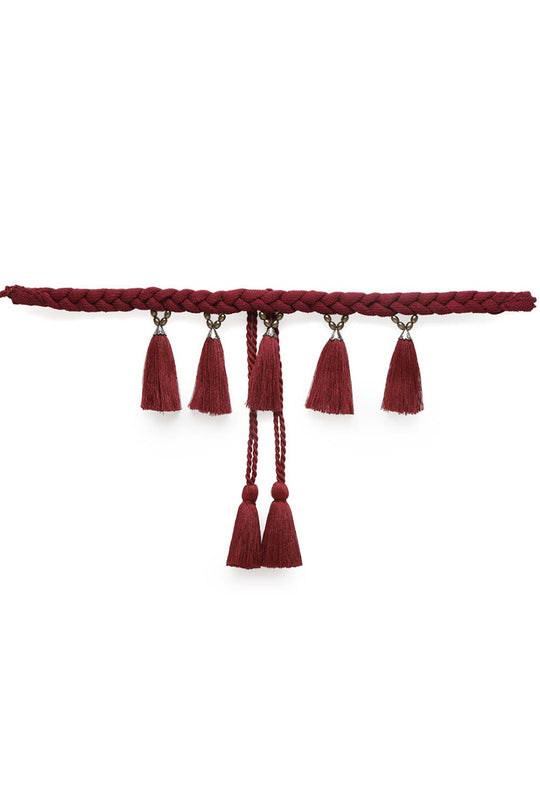 Tasseled & Braided Embellished Saree Belt in Maroon & Copper