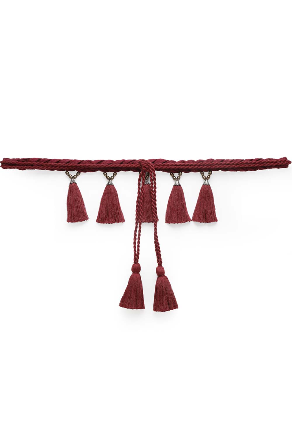 Tasseled & Braided Embellished Saree Belt in Maroon & Copper