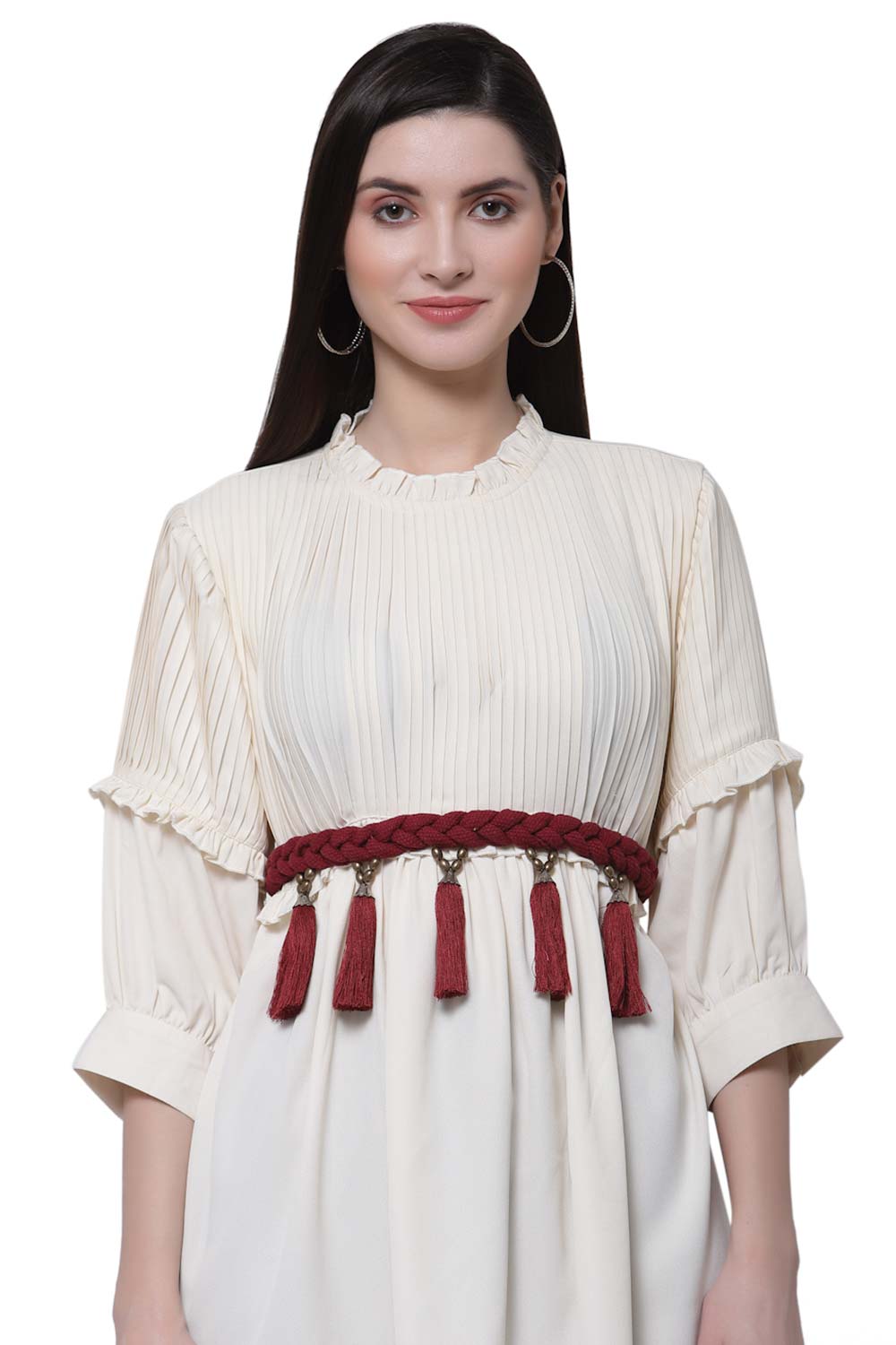 Buy Tasselled & Braided Embellished Waist Belt in Maroon & Copper Online