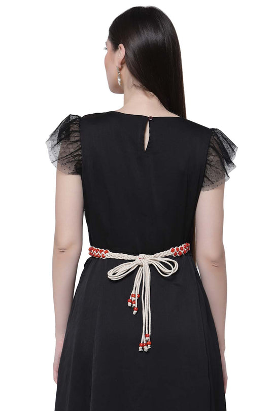 Braided Bead Work Saree Belt in Natural & Red