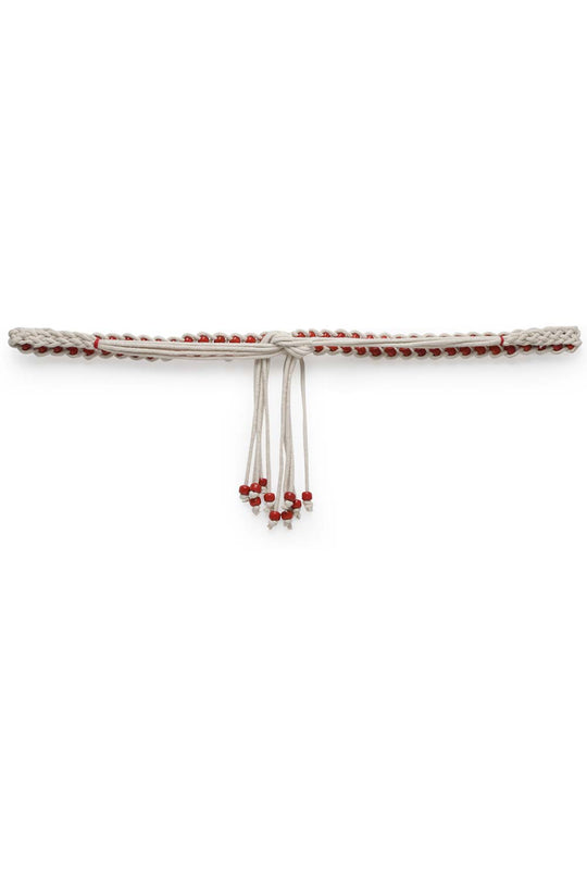 Braided Bead Work Saree Belt in Natural & Red