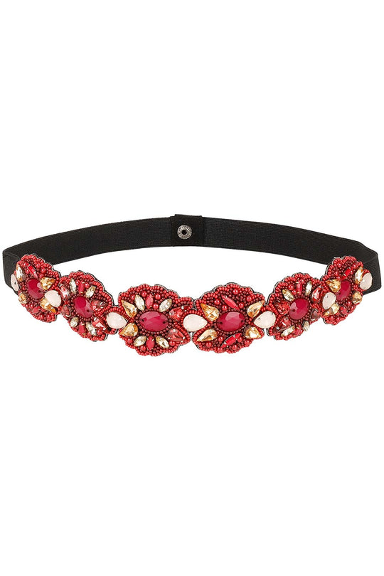 Floral Bead & Stone Work Saree Belt in Wine & Multi