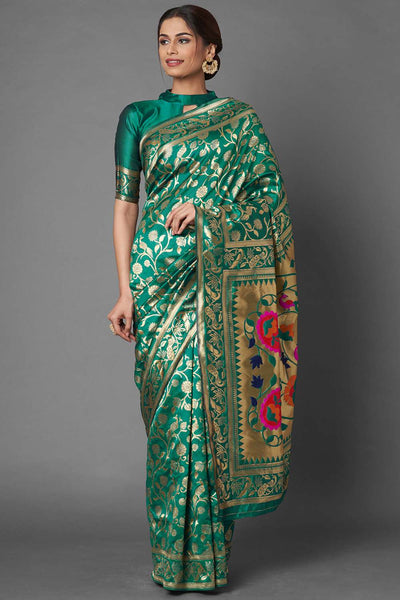 Buy Women's Teal Green Zari Silk Blend One Minute Saree