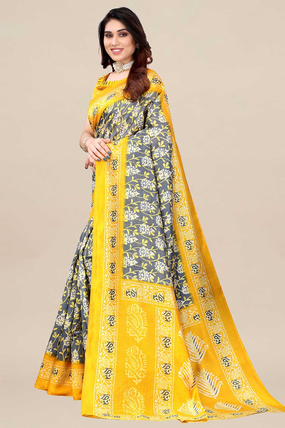 Greta Yellow & GreyGrey Art Silk Ikat Floral Print One Minute Saree