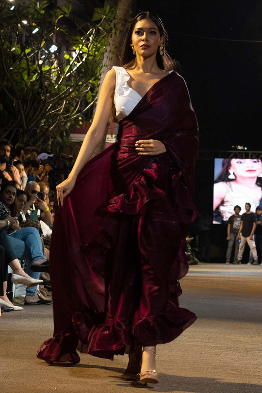 Maya Mulberry Tissue Organza Ruffle Ready to Wear One Minute Saree