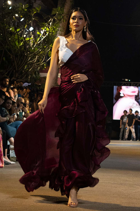 Maya Mulberry Tissue Organza Ruffle Ready to Wear One Minute Saree