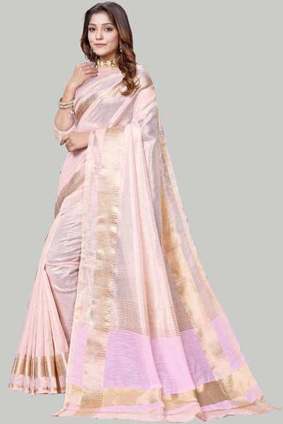 Buy Baby Pink Jute Cotton Woven Border Solid One Minute Saree Online - Back 
