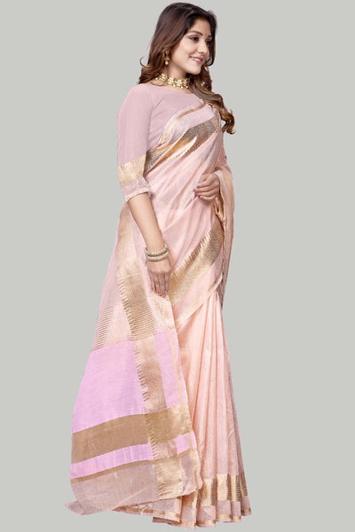 Buy Baby Pink Jute Cotton Woven Border Solid One Minute Saree Online - Front 