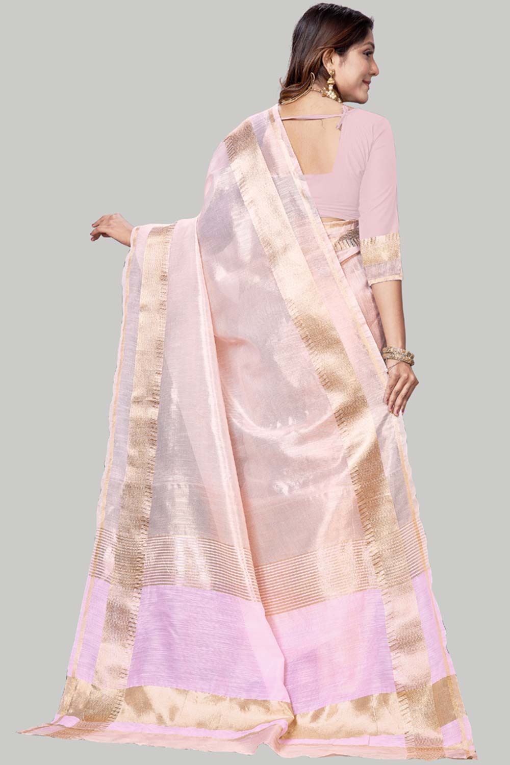Buy Baby Pink Jute Cotton Woven Border Solid One Minute Saree Online - Zoom In 