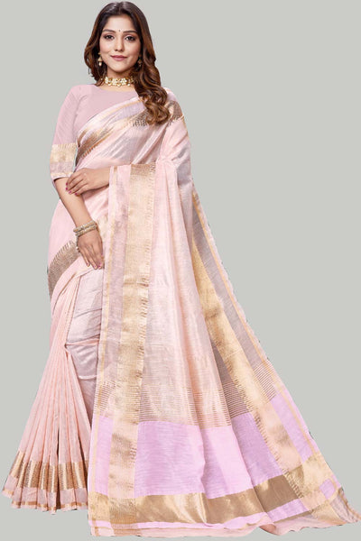 Buy Baby Pink Jute Cotton Woven Border Solid One Minute Saree Online