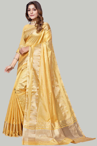 Buy Yellow Jute Cotton Woven Border Solid One Minute Saree Online - Back 