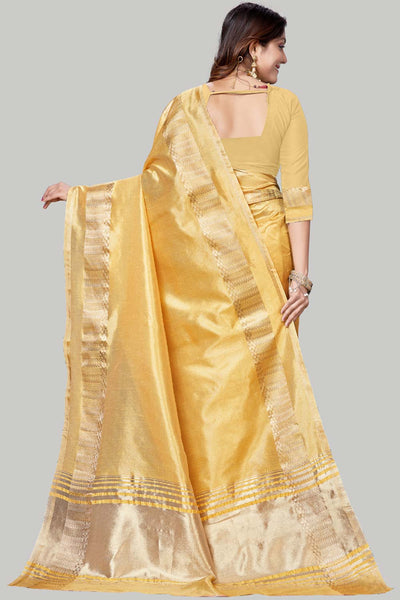 Buy Yellow Jute Cotton Woven Border Solid One Minute Saree Online - Zoom In 