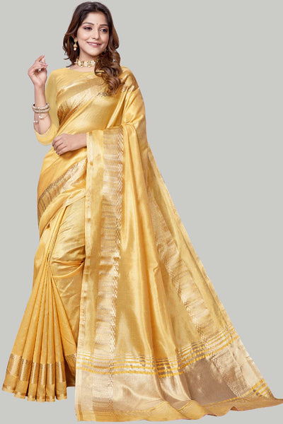 Buy Yellow Jute Cotton Woven Border Solid One Minute Saree Online