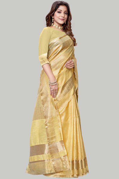 Buy Cream Jute Cotton Woven Border Solid One Minute Saree Online - Front 