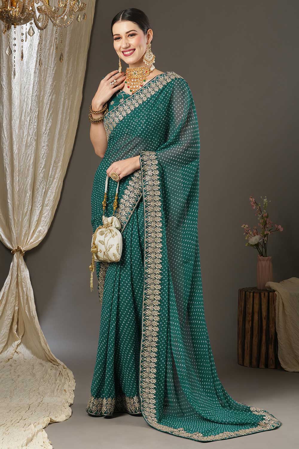 Abby Teal Blue Georgette Zari Embroidered Bandhani One Minute Saree