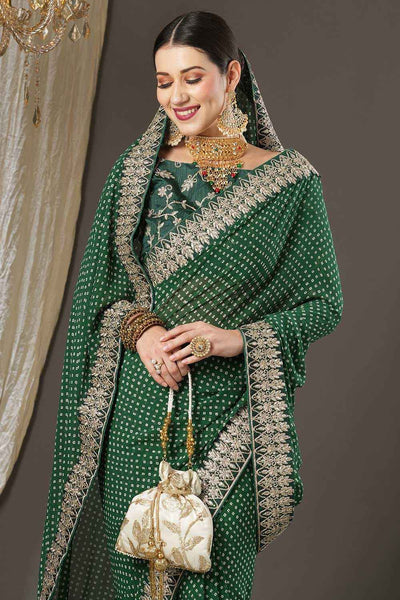 Hillary Green Georgette Zari Embroidered Bandhani One Minute Saree