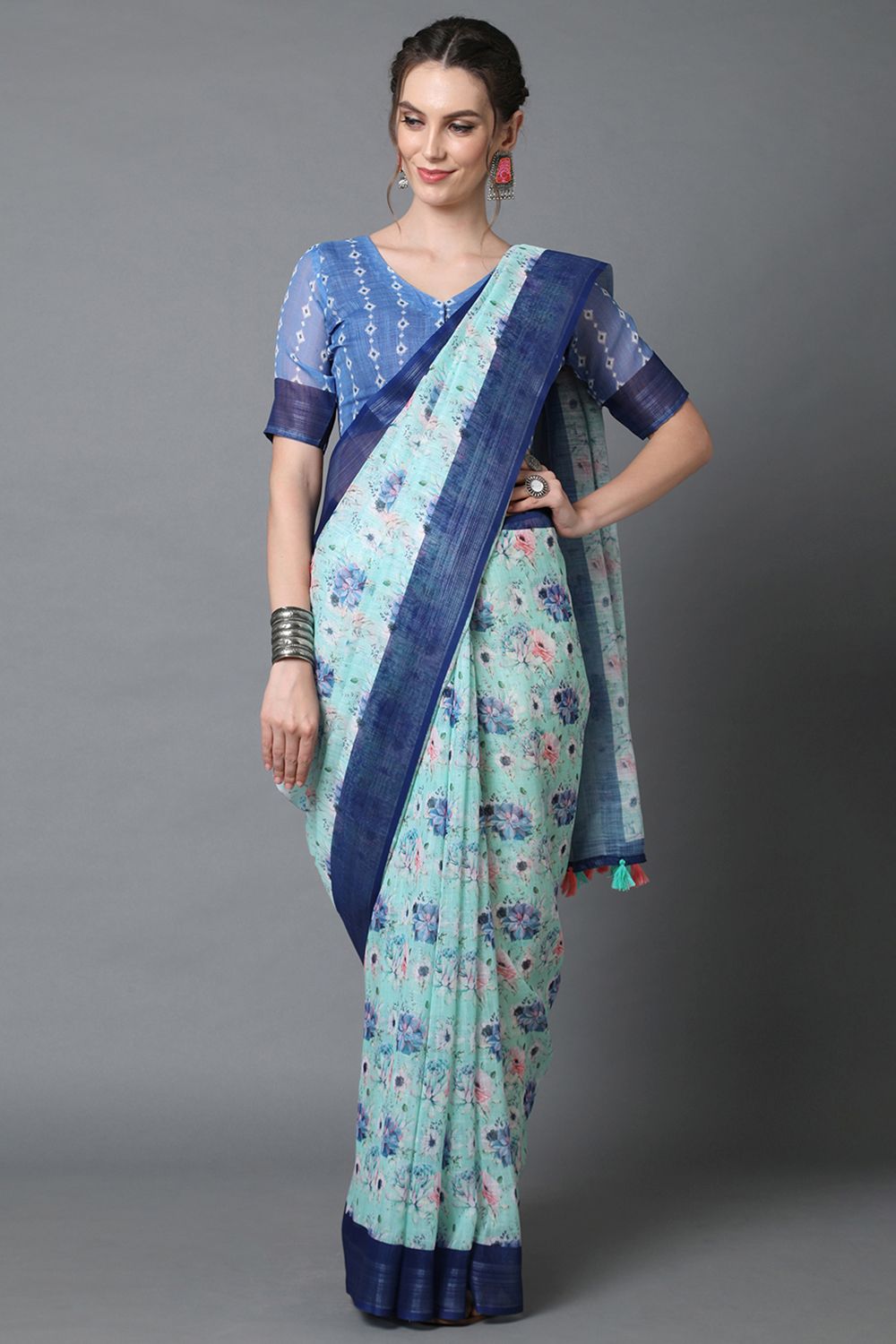 Buy Blue Floral Print Linen One Minute Saree