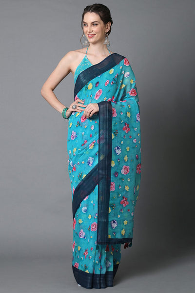 Buy Sky Blue Floral Print Linen One Minute Saree