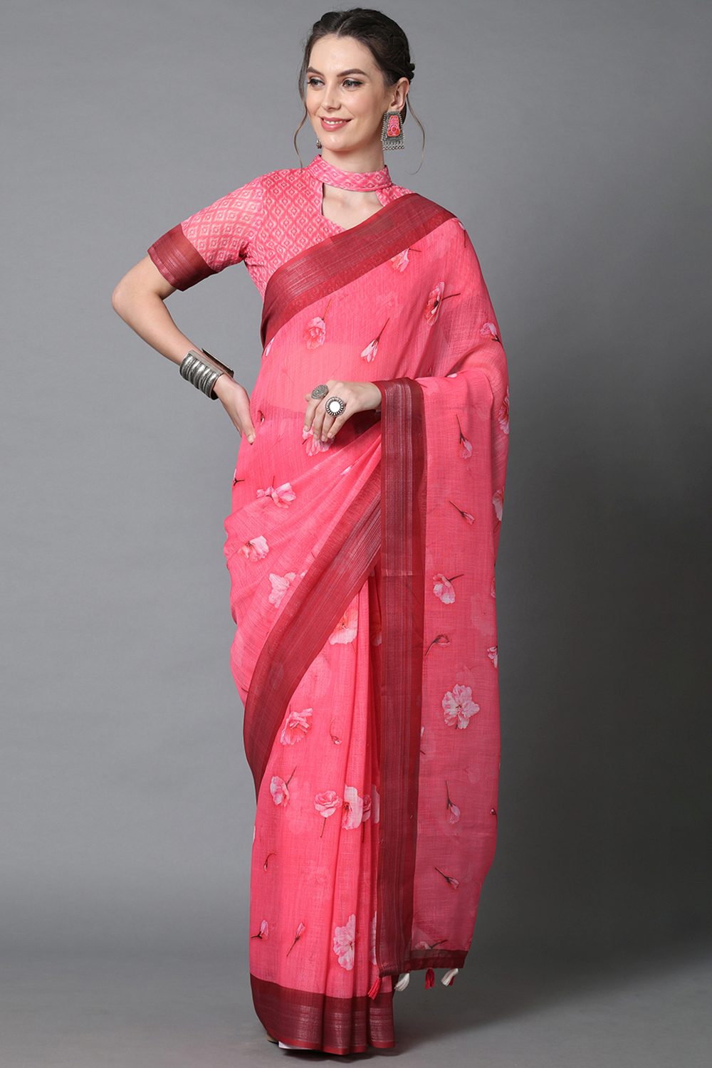Buy Pink Floral Print Linen One Minute Saree