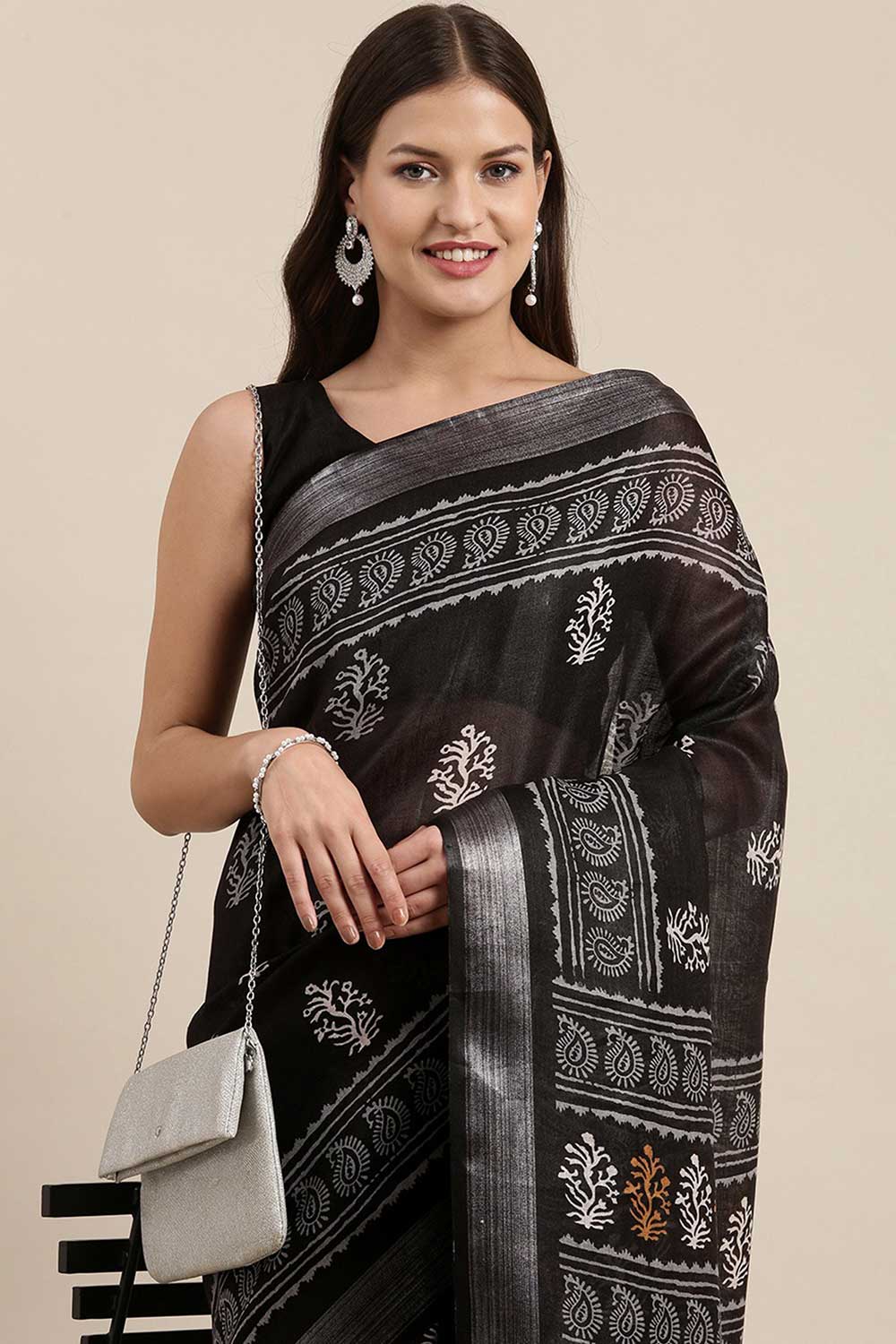 Jaan Black Linen Abstract Print Bagh One Minute Saree
