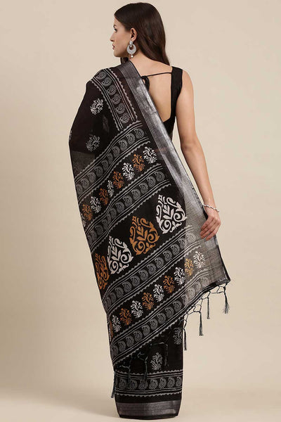 Jaan Black Linen Abstract Print Bagh One Minute Saree