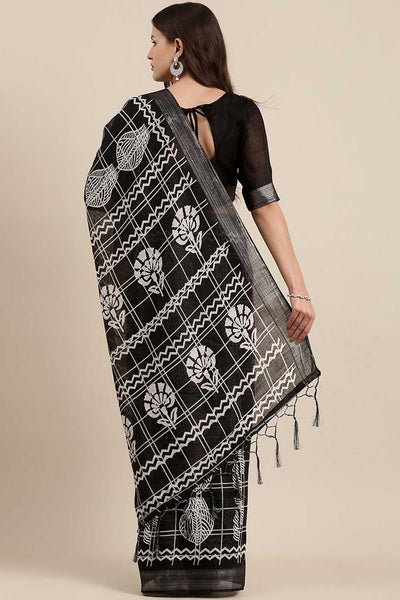 Soni Black Linen Abstract Print Bagh One Minute Saree
