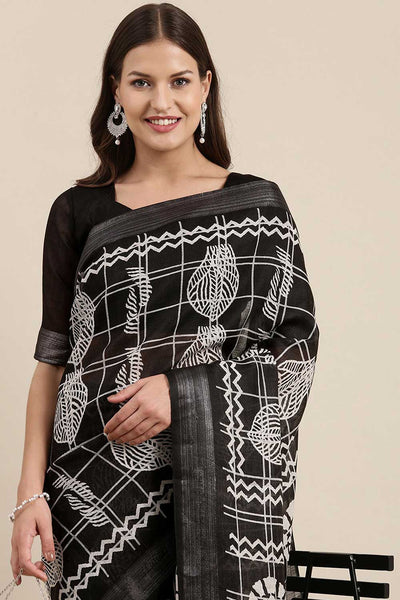 Soni Black Linen Abstract Print Bagh One Minute Saree