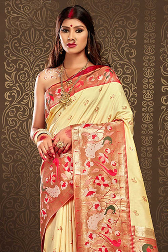 Sweta Cream Paithani Art Silk One Minute Saree