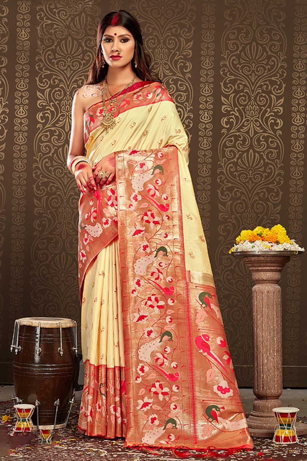 Sweta Cream Paithani Art Silk One Minute Saree