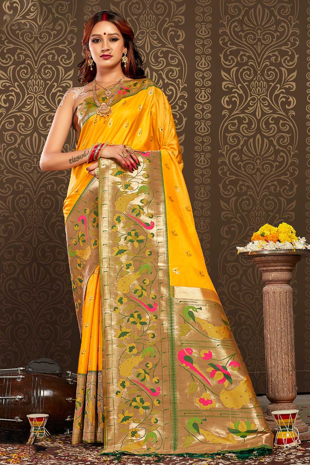 Arnika Yellow Paithani Art Silk One Minute Saree