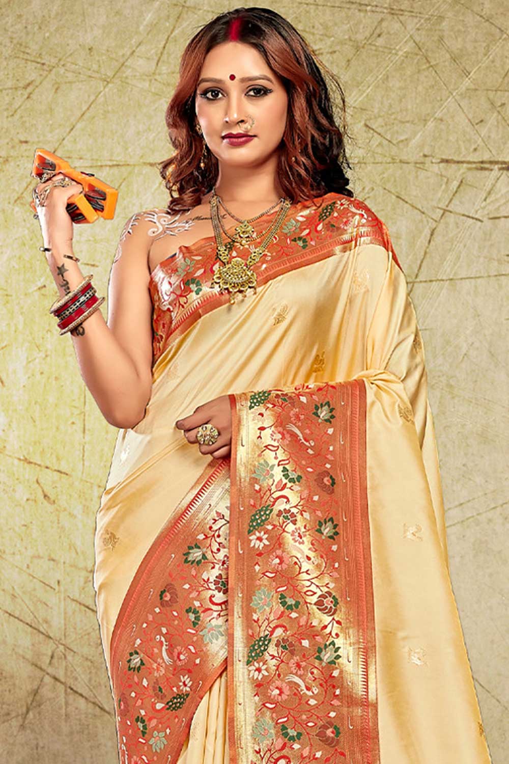 Neha Cream Paithani Art Silk One Minute Saree