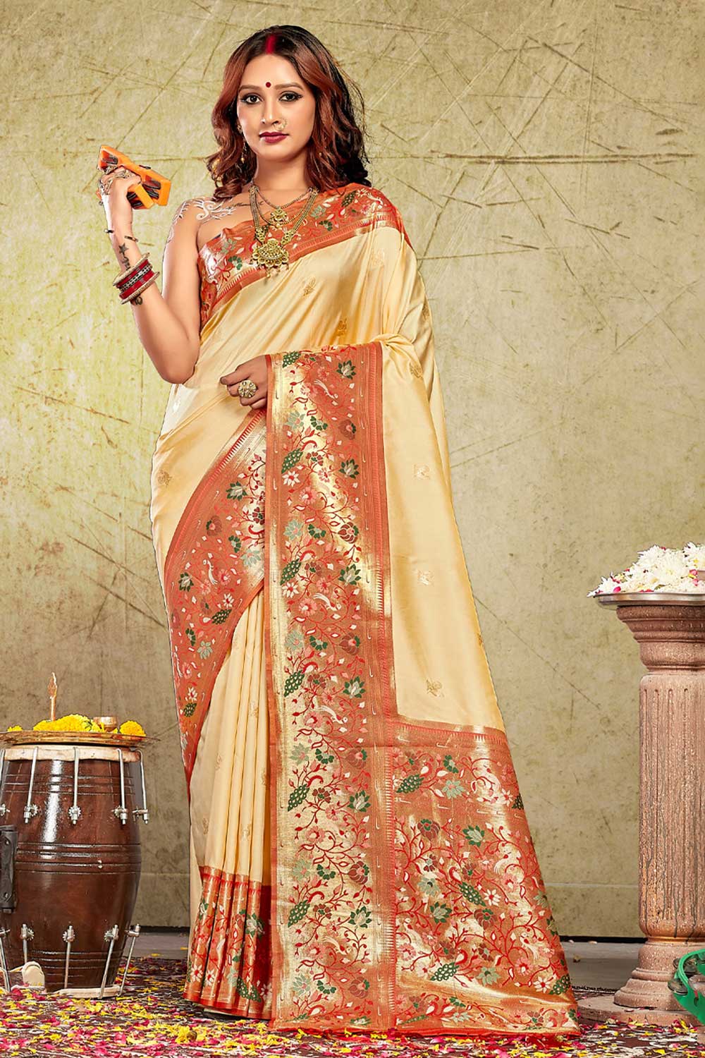 Neha Cream Paithani Art Silk One Minute Saree