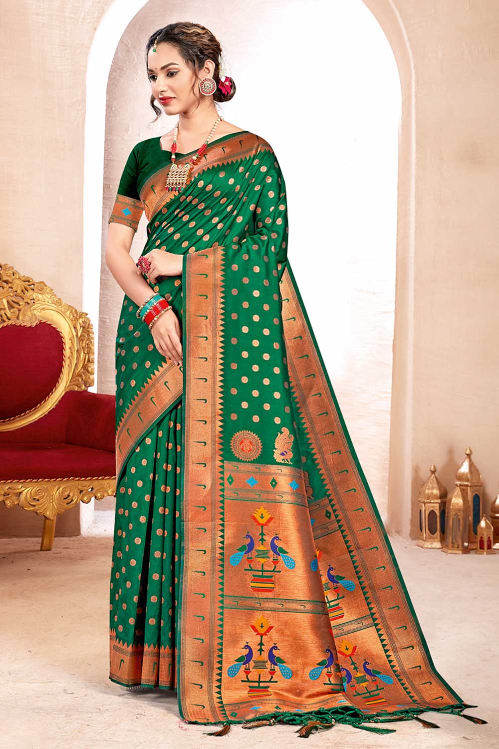 Heera Green Paithani Art Silk One Minute Saree