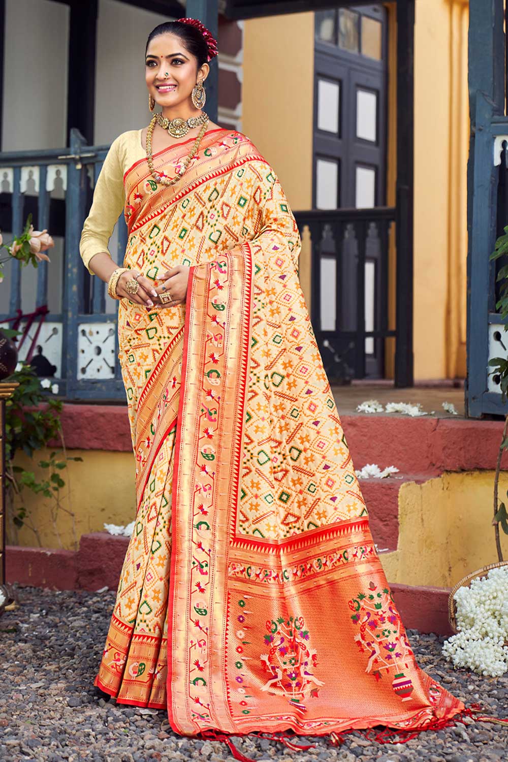 Priya Cream Paithani Patola Art Silk One Minute Saree