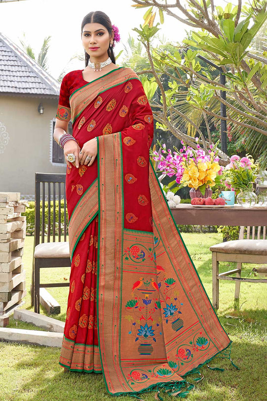 Mitra Red Paithani Art Silk One Minute Saree