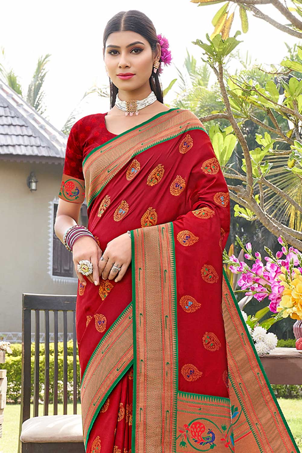 Mitra Red Paithani Art Silk One Minute Saree