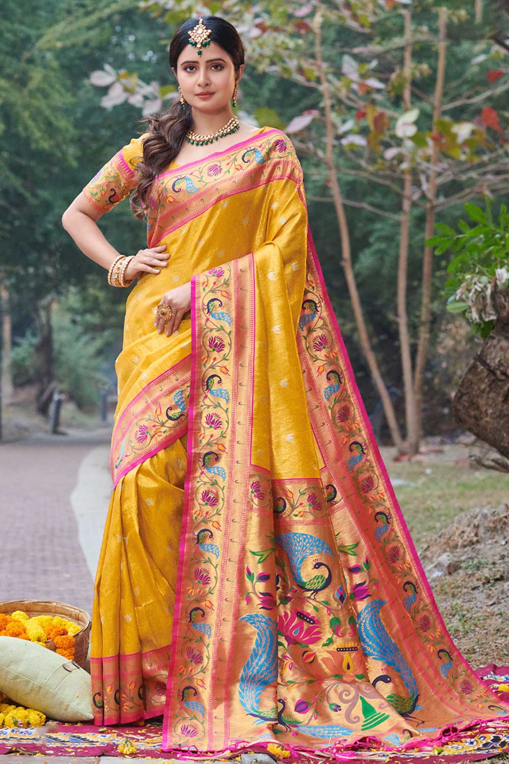 Yellow Paithani Art Silk One Minute Saree