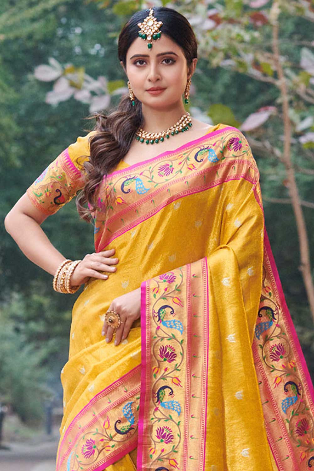 Lila Yellow Paithani Art Silk One Minute Saree