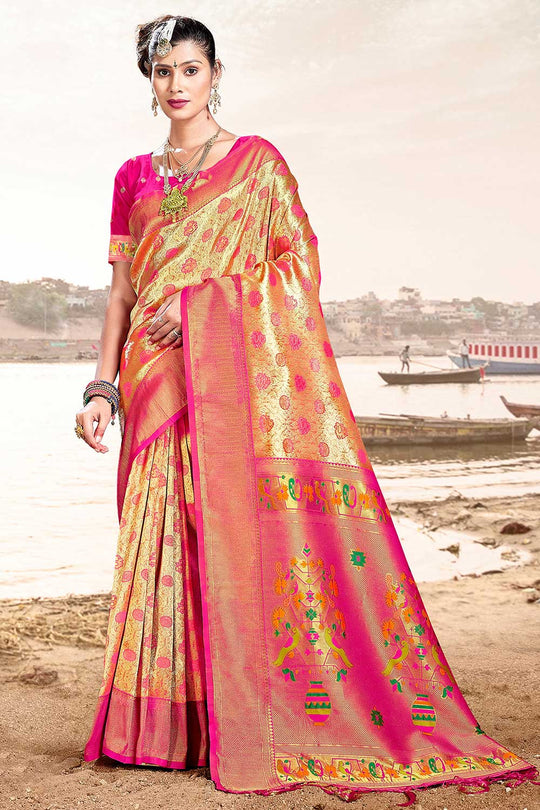 Gina Gold and Pink Paithani Art Silk One Minute Saree